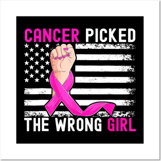 US Flag Cancer Picked The Wrong Girl Breast Cancer Awareness Posters and Art